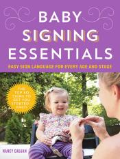 Cover of Baby Signing Essentials in purple with an unfocused photo of a baby using sign language