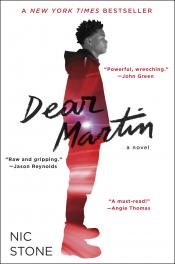 The cover of Dear Martin by Nic Stone. The cover depicts a black teenaged boy wearing a hoodie.