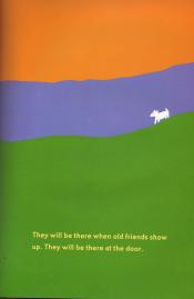 A page of Dog Heaven showing a dog on a hill, with the text "They will be there when old friends show up. They will be there at the door."