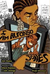 The cover of I Am Alfonso Jones by Tony Medina. The cover is an illustration of a teenaged black girl crying while holding a picture of Alfonso.