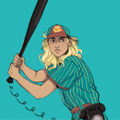 A fan illustration of Blaseball player Jessica Telephone. She is reminiscent of a traditional baseball player but her bat has a wired telephone cord coming out of the bottom.