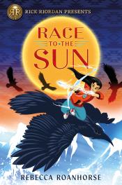 Race to the Sun - Roanhorse young boy riding a crow across a snowy mountain range firing arrows