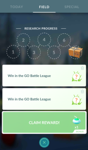 Screenshot of the Daily Field Research screen on Pokemon GO, including a bonus Field Research task that has been completed.