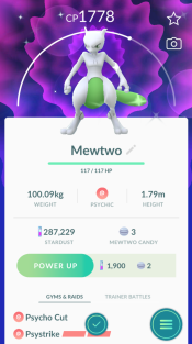 Screenshot of a Pokemon GO entry for a shiny Mewtwo.