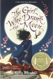 The Girl Who Drank the Moon - Barnhill girl stands in front of a full moon surrounded by glowing paper cranes