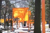 The Gates, New York City View of The Gates art installation in Central Park, New York. Orange fabric is draped over large open wooden structures