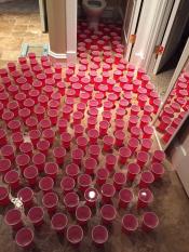 cups of water spread throughout floor blocking access to toilet