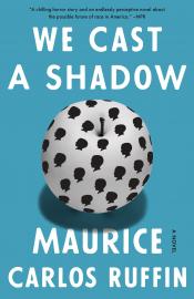 We Cast a Shadow - Ruffin light blue background with a white apple in the center covered in black silhouettes of portriats.