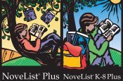 Novelist Plus and Novelist k through 8th Logos. Both respective logos are cartoon drawings of a person reading outside.